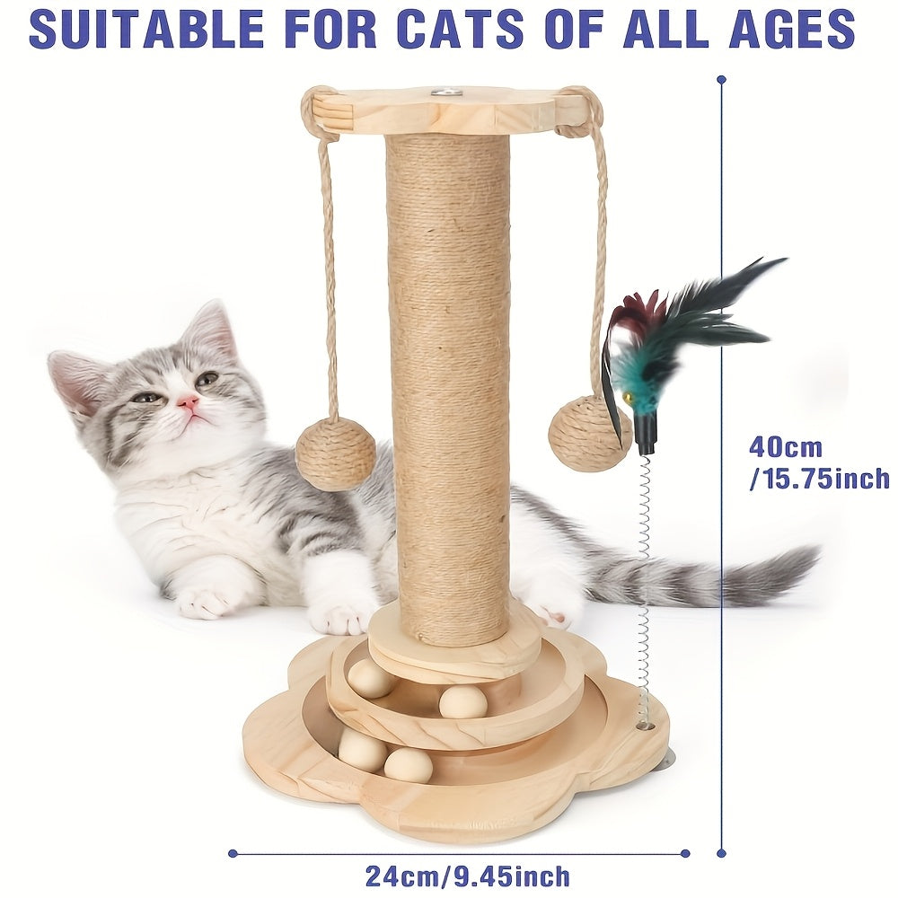 Arbre à chat en bois 5-en-1 avec griffoir pour chats d'intérieur, poteau en sisal, circuit à balles sur 2 niveaux, jouet interactif à plumes et balles suspendues, mobilier pour chatons et chats adultes