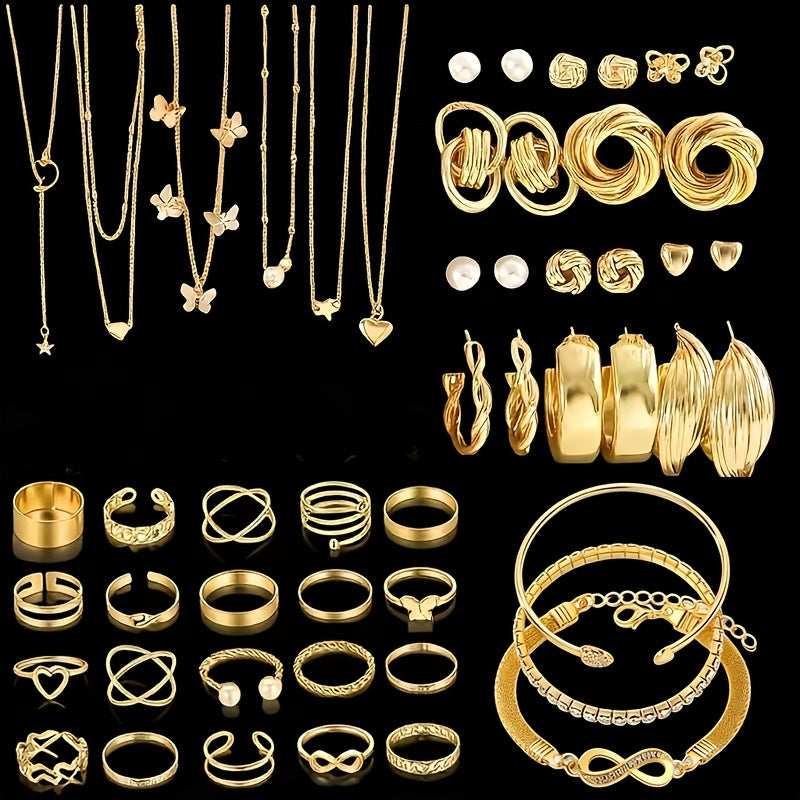 Parure de bijoux bohème pour femme 37-87 pièces – boucles d'oreilles, colliers, bagues et bracelets avec cœurs, torsades et papillons, style bohème minimaliste, ensemble multi-éléments pour le quotidien, les fêtes et les vacances