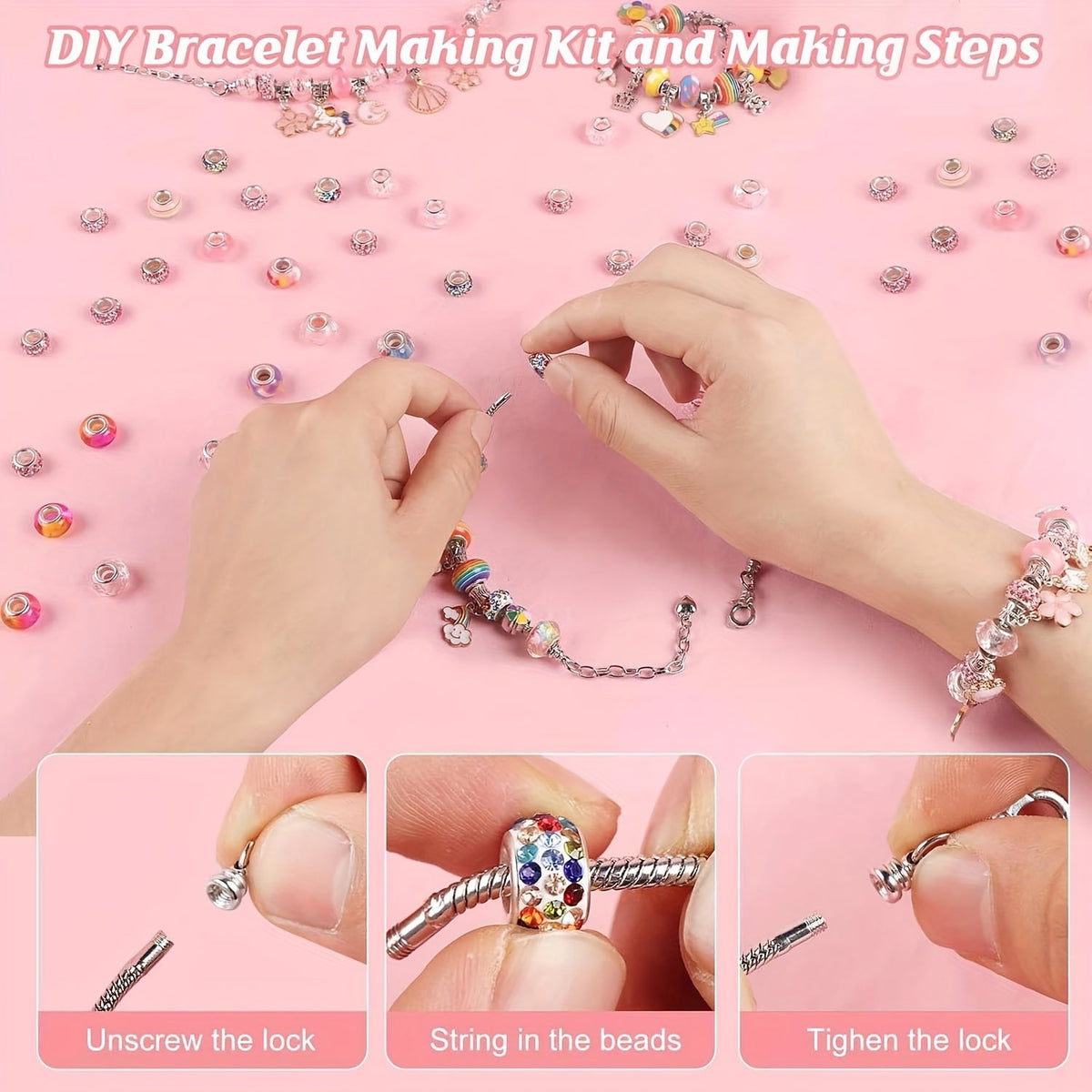 Kit de création de bracelets à breloques de 134 pièces – Ensemble de perles DIY mignon pour bijoux avec 120 perles, 6 bracelets, 6 colliers, boîte à bijoux et sac cadeau, meilleur cadeau d'anniversaire ou de Nouvel An pour filles, enfants et adolescentes