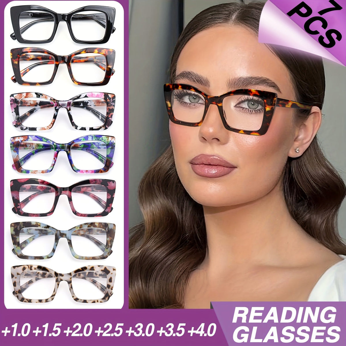 Lot de 7 paires de lunettes de lecture pour femmes – Grand style vintage carré, charnières à ressort, grossissement de +1,0 à +4,0, monture en PC durable, lunettes élégantes pour le quotidien des femmes