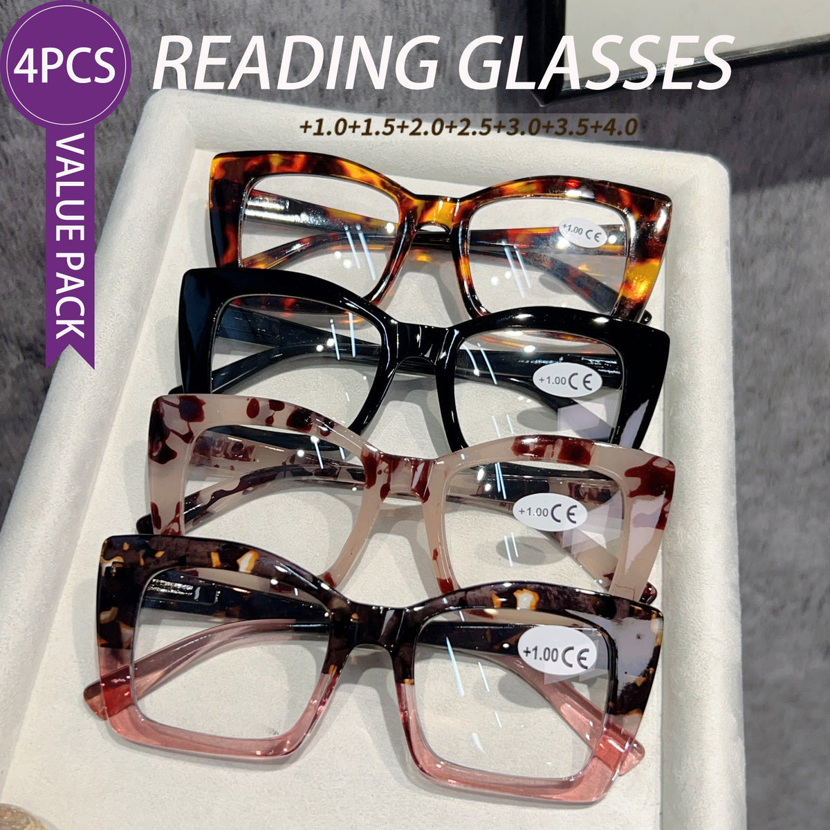 Lunettes de lecture photochromiques œil de chat pour femmes et hommes, lot de 4 paires, monture large multicolore, charnières à ressort, puissance de +1,00 à +4,00, protection UV, style européen et américain tendance, coffret cadeau de vacances