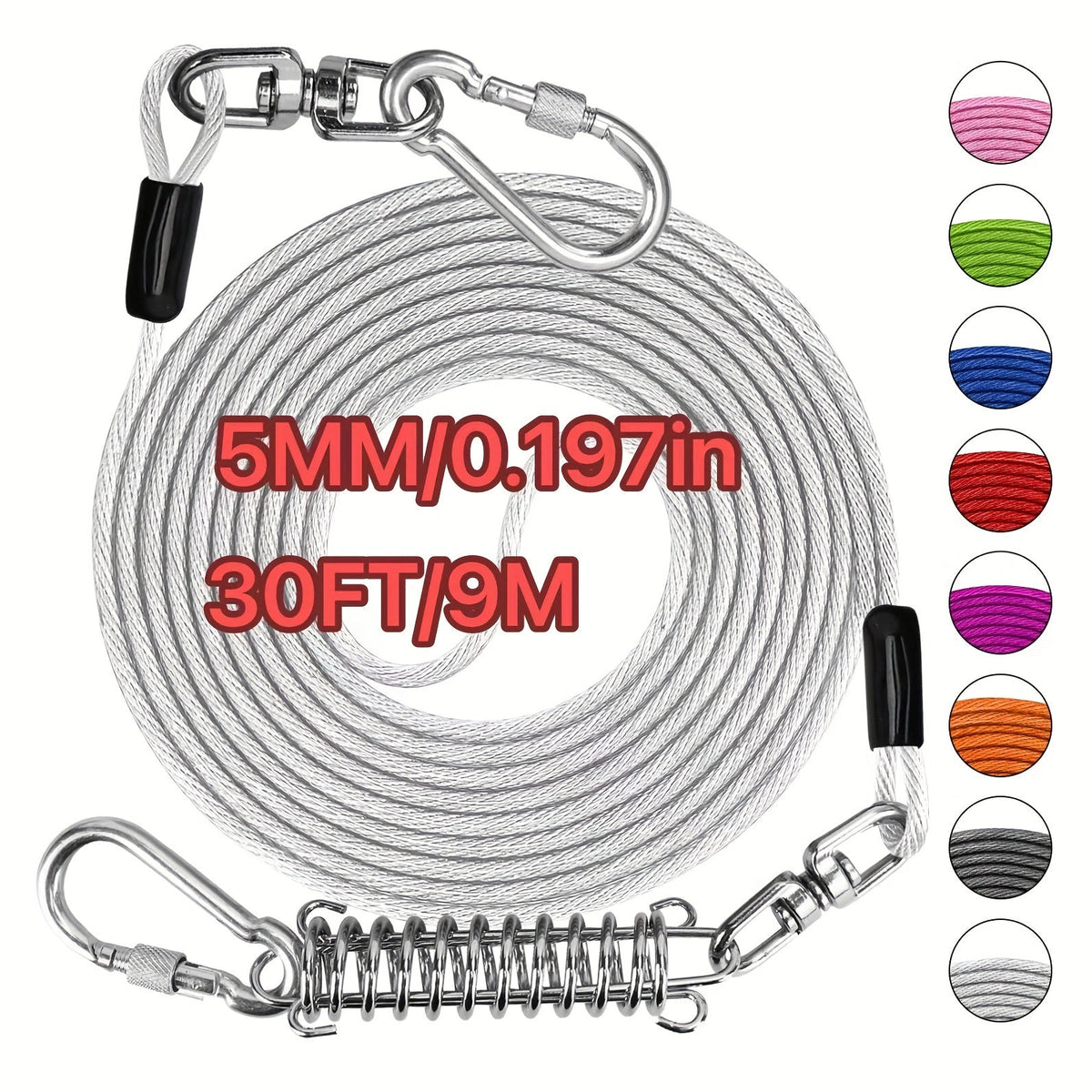 Laisse pour chien ultra-résistante de 1,8, 3, 4,5, 9, 15, 23 ou 30 mètres, câble d'attache d'entraînement pour grands chiens jusqu'à 225 kg, corde de course durable et résistante aux morsures pour le jardin