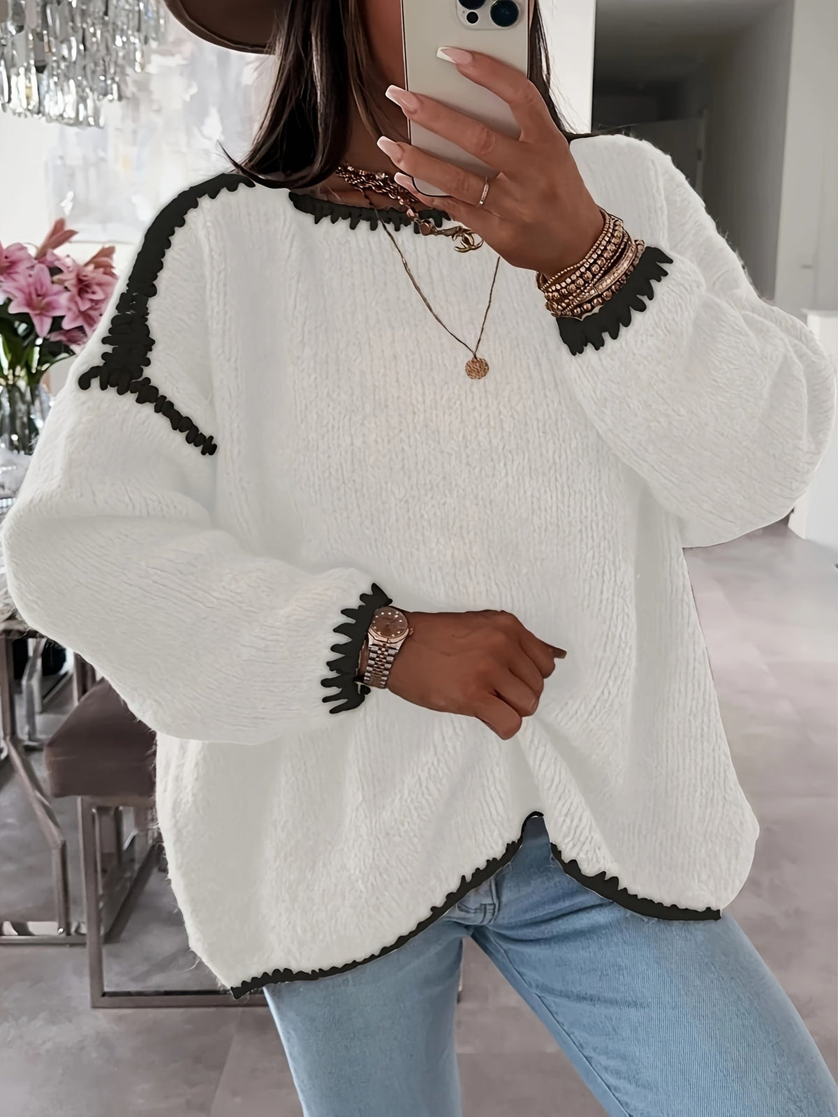 Pull-over femme à encolure bateau et blocs de couleur – Haut décontracté en maille contrastante, manches longues et coupe ample pour l'automne et l'hiver, style épaules dénudées, 7 couleurs, tailles S à XXL, pull doux et confortable pour le quotidien