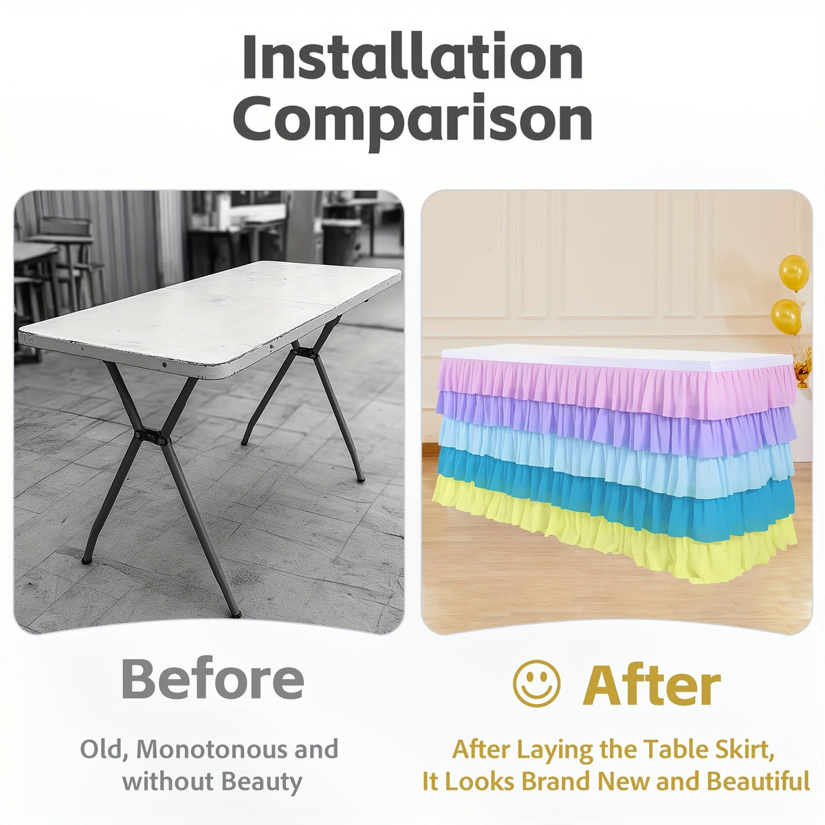6ft Tulle Tutu Table Skirt β Chiffon Ruffle Table Skirting for Birthday Party, Wedding, Bridal Shower, Girls Party & Holiday Decor β Easy Hook & Loop Install, 12 Colors (72"L x 30"H)