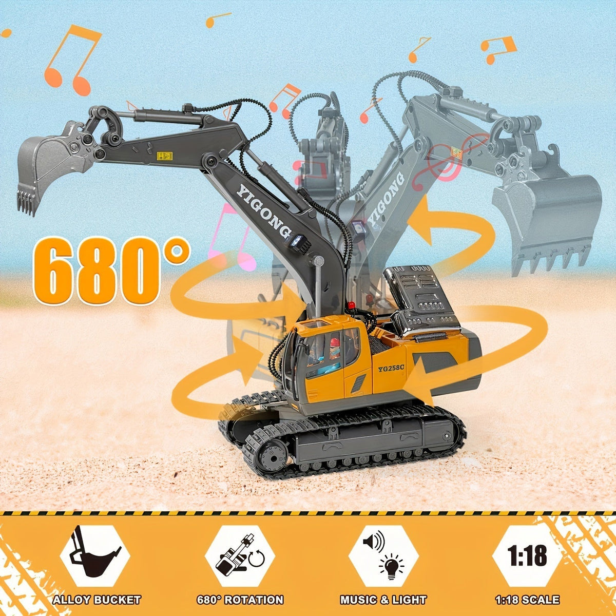 Ensemble de pelleteuse télécommandée avec pelle en métal, lumières LED, batterie 1200 mAh, camion de construction radiocommandé, bulldozer, camion à benne et chargeuse, cadeau d'anniversaire ou de Noël pour garçons à partir de 6 ans