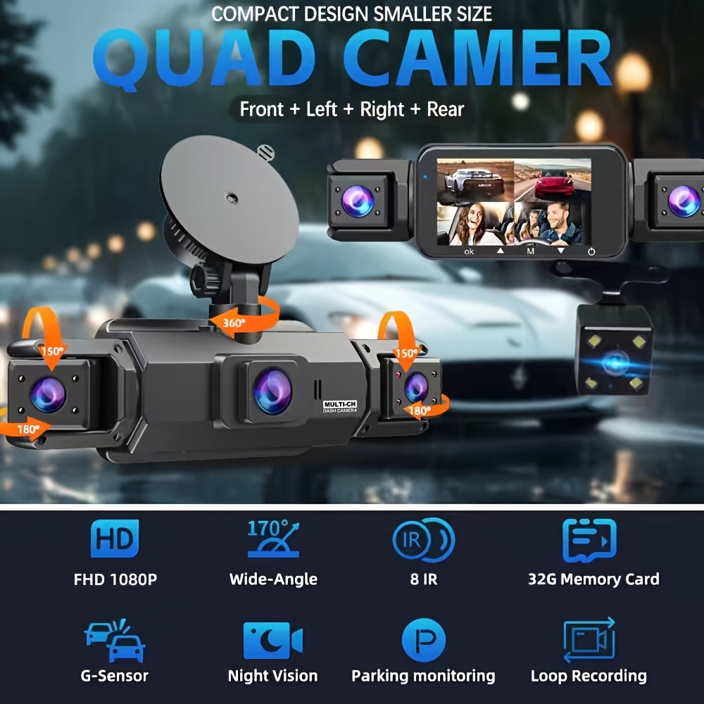 Dashcam 360° 3/4 canaux 1080P HD avec vision nocturne, WDR, capteur G, enregistrement en boucle, surveillance de stationnement 24h/24 et 7j/7, WiFi, système de caméra embarquée multi-objectifs pour une couverture complète sans angles morts
