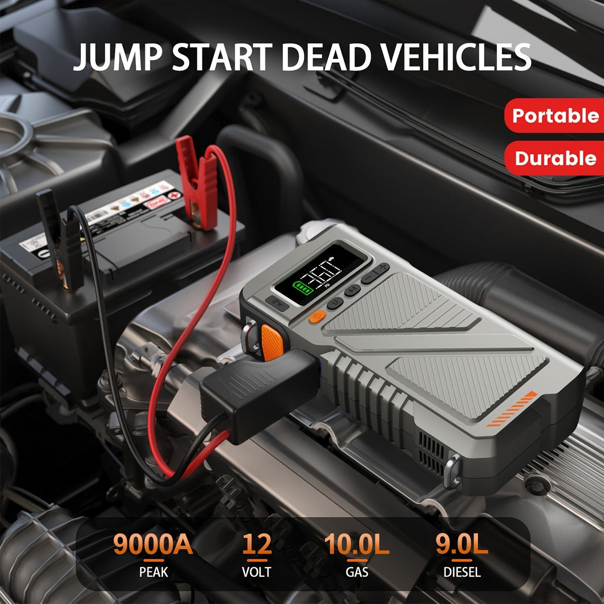 Démarreur portable 6000 A/9000 A avec compresseur d'air 150 PSI – Boîtier de démarrage 7-en-1 avec gonfleur de pneus numérique et batterie externe pour moteurs à essence (10 L) et diesel (9,0 L), démarreur de voiture avec ports USB
