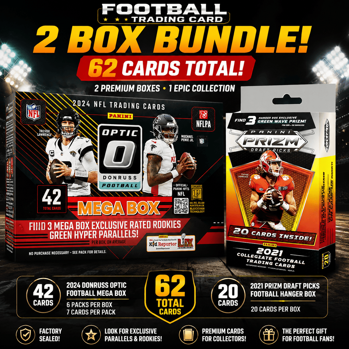Lot de 2024 Panini Donruss Optic Football Mega Box + 2021 Prizm Draft Picks Hanger Box - 62 cartes au total, ensemble de cartes à collectionner de football sous emballage d'usine pour collectionneurs