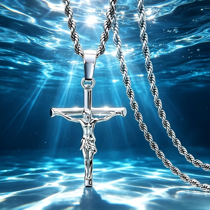 Collier croix en acier inoxydable pour hommes et femmes – Pendentif religieux unisexe délicat, léger (7 g), artisanat raffiné, cadeau idéal pour Noël, un anniversaire ou une confirmation, 55 cm / 22 po