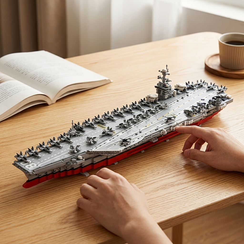 Set de construction de porte-avions de la marine de 4989 pièces – Diorama de navire de guerre à coque grise et rouge, pont d'envol élévateur, îlot, kit de modèle militaire MOC, cadeau de collection pour passionnés de marine et de militaire A2683