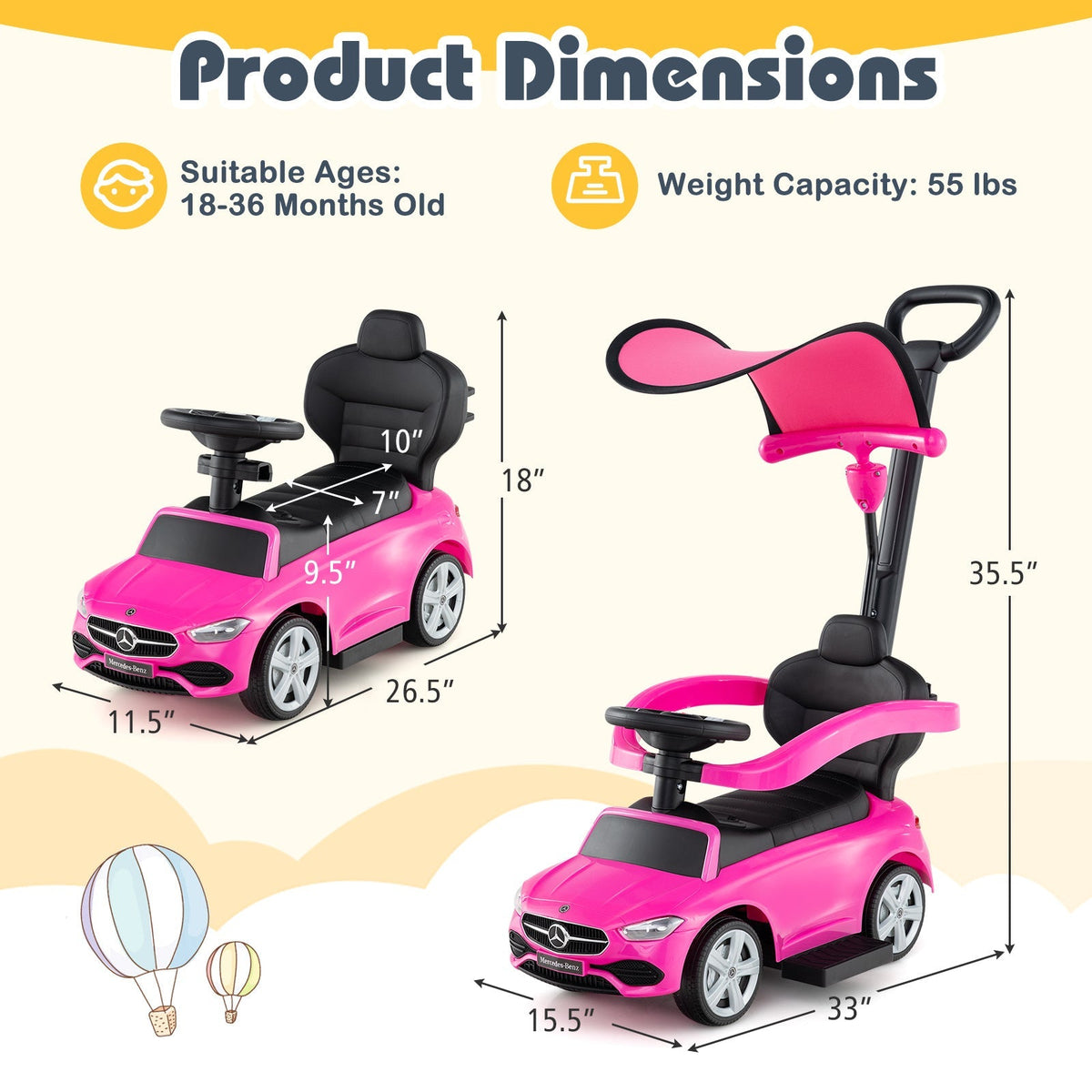 Voiture porteur 3-en-1 sous licence Mercedes-Benz pour tout-petits de 18 à 36 mois, voiture coulissante pour enfants avec volant sonore, barre de poussée, auvent réglable et rangement sous le siège - Cadeau de poussette trotteur rose