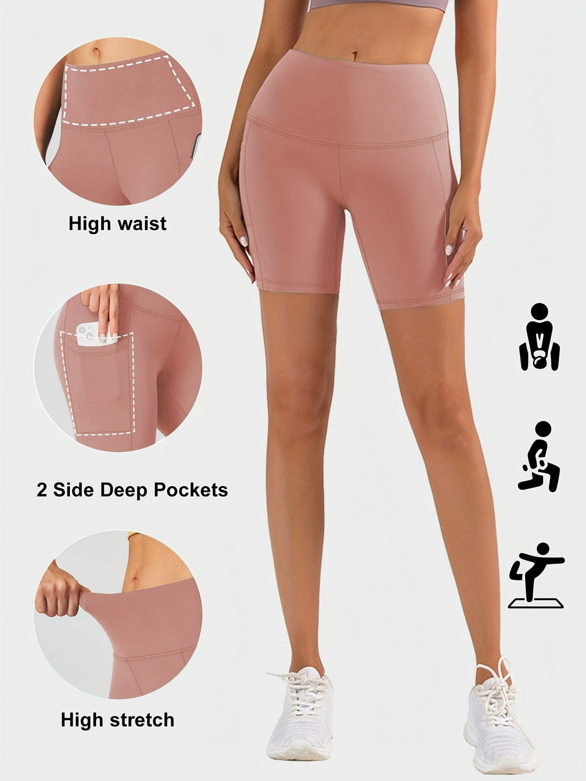 Short de yoga taille haute pour femme – Short de sport extensible 4 directions, anti-transpirant, avec ceinture élastique et poches latérales pour la course, le vélo et l'entraînement – Noir, gris foncé et bleu marine, tailles S-XXL