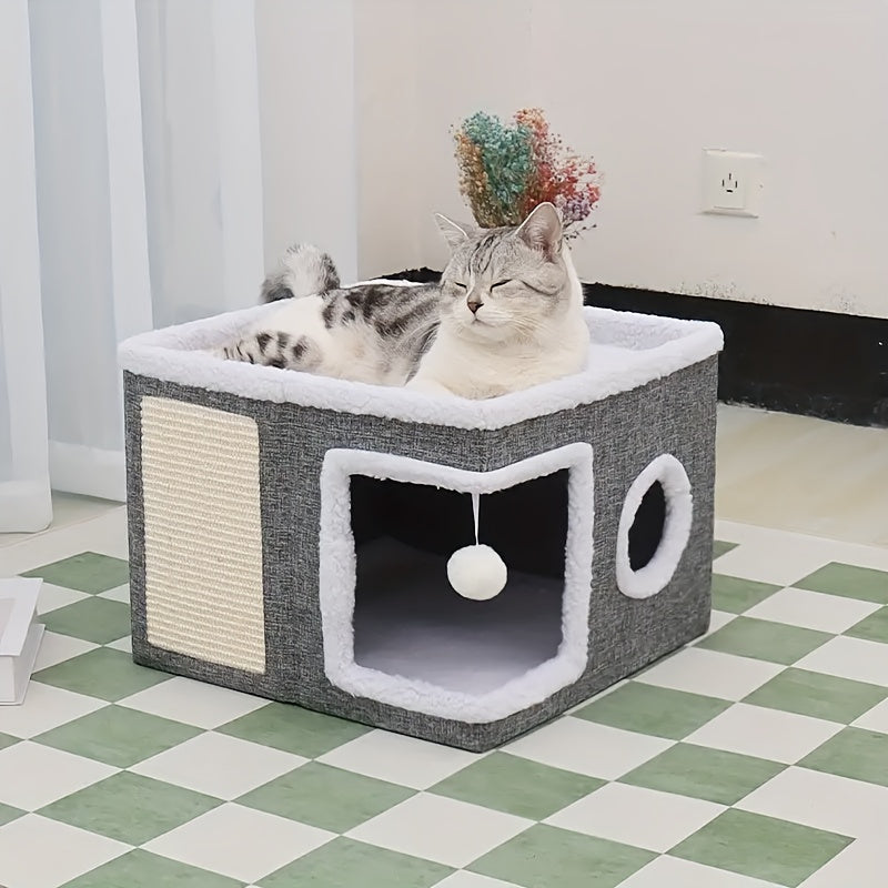 Maison à étages pour chat avec lit à 2 niveaux, tunnel de jeu, griffoir pliable et tapis douillet – Condo d'intérieur pour chat toutes saisons avec balle suspendue en peluche, cadre en nylon et toile, design pliable