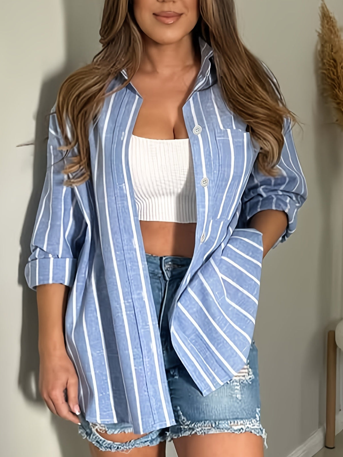 Chemise rayée oversize à manches longues pour femme - Blouse décontractée ample à col à revers avec poche, haut classique à rayures verticales bleu rose kaki S-XXL
