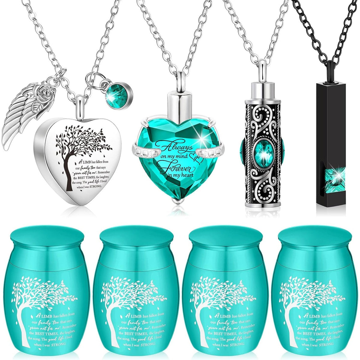 Lot de 8 petites urnes funéraires pour cendres – Ensemble de souvenirs en alliage avec pendentif médaillon en forme de cœur « Arbre de vie » pour hommes et femmes, cadeau commémoratif pour inhumation et crémation, 8 couleurs