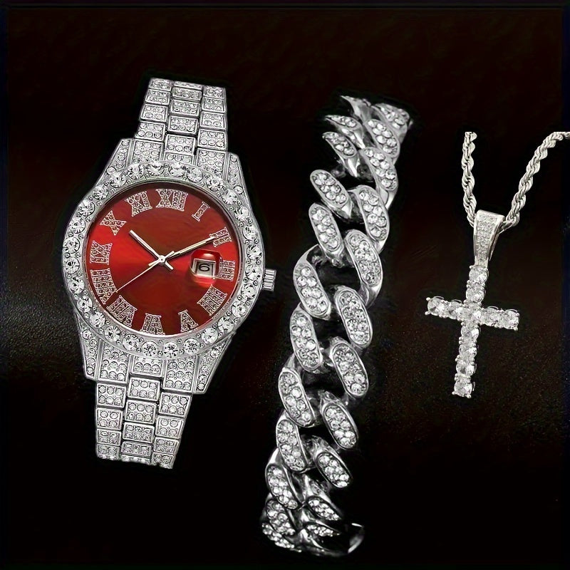 Ensemble cadeau pour homme : montre à quartz avec strass, collier et bracelet, 3 ou 4 pièces – Parure de bijoux avec collier croix pour homme, accessoire de fan de football, cadeau d'anniversaire ou de fêtes, argenté ou doré