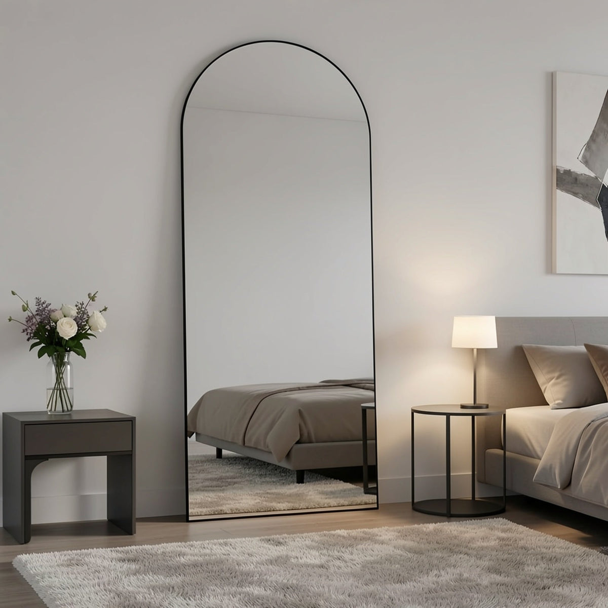 Miroir pleine longueur arqué avec support 64x21 / 59x16 pouces, miroir de sol en verre nano incassable avec cadre en alliage d'aluminium, miroir pleine longueur sur pied pour chambre, salon, vestiaire, décoration murale