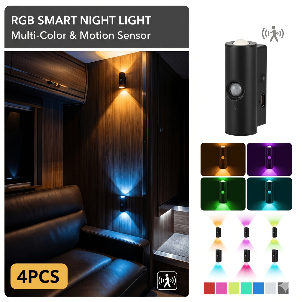Lot de 4 appliques murales à détecteur de mouvement – Veilleuse LED magnétique, sans fil et rechargeable, double tête, 3 couleurs RVB, pour chambre, escalier, placard, armoire et intérieur de camping-car | Velora
