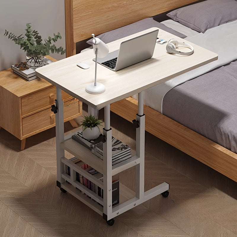 Table pour ordinateur portable réglable en hauteur avec 4 roulettes et double étagère – Bureau poste de travail mobile pour chevet, dortoir, bureau, salon, structure en acier robuste, design gain de place