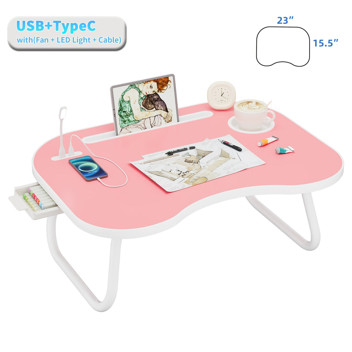 Support pour ordinateur portable avec port USB, tiroir de rangement et porte-gobelet – Plateau de lit en bois noyer pour manger, écrire, canapé, adultes et étudiants