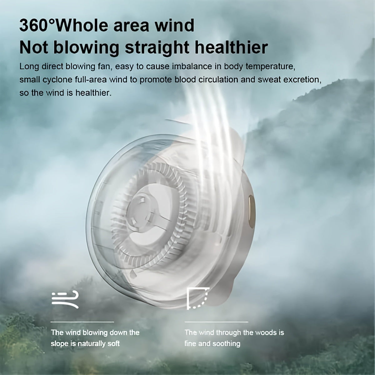 Mini ventilateur de cou sans pales à clipser, rechargeable par USB, 3 vitesses, flux d'air à 360°, ventilateur portable mains libres à suspendre à la taille pour la randonnée, le camping, les voyages, le golf et les activités en plein air