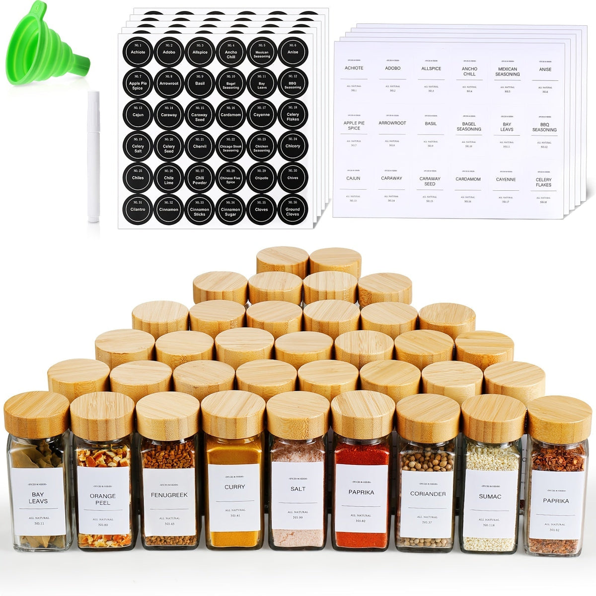 Pots à épices en verre avec couvercles en bambou, étiquettes et entonnoirs pliables – Bouteilles de stockage d'épices de 120 ml pour étagère à épices, garde-manger, placard et tiroir – Ensemble de 15, 24 ou 36 pièces pour l'organisation de la cuisine