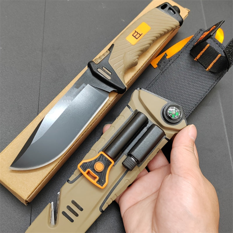 Couteau à lame fixe d'extérieur de 24,4 cm avec étui multifonction - Couteau droit noir et orange pour l'exploration en milieu sauvage, le canyoning, la randonnée en montagne et la chasse, conçu pour les hommes
