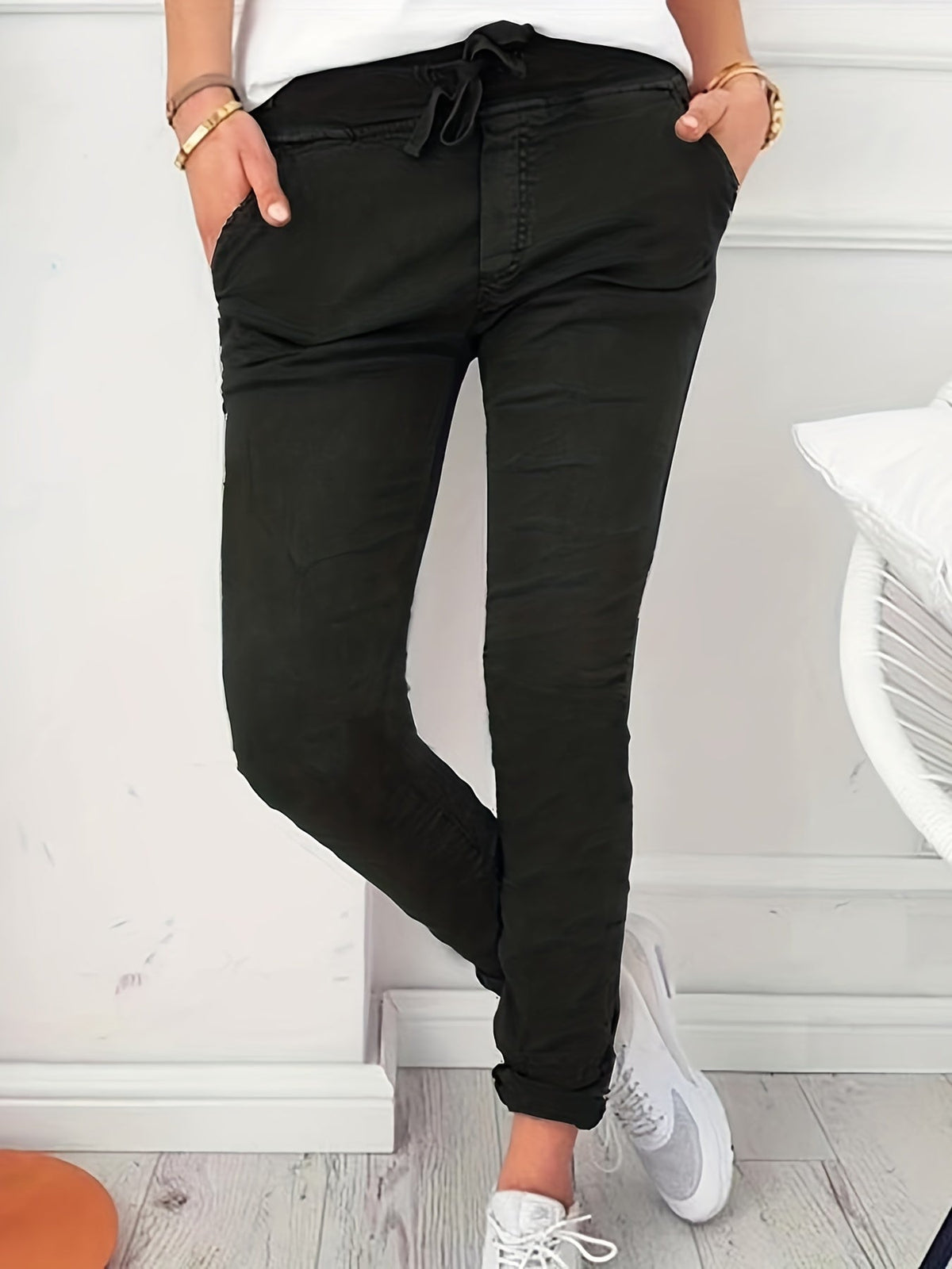 Pantalon slim pour femme, taille élastique à cordon, coupe ajustée, longueur longue, pantalon décontracté, noir, bleu marine, abricot, vert olive, S M L XL XXL, printemps automne