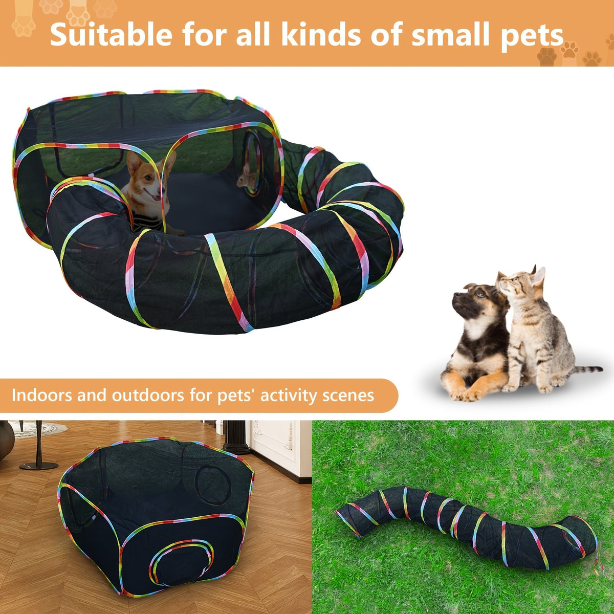 Parc pour chat Rainbow, enclos extérieur pour chat avec tunnel circulaire et tente pop-up portable, aire de jeu pliable pour chats, chatons et petits animaux, usage intérieur et extérieur