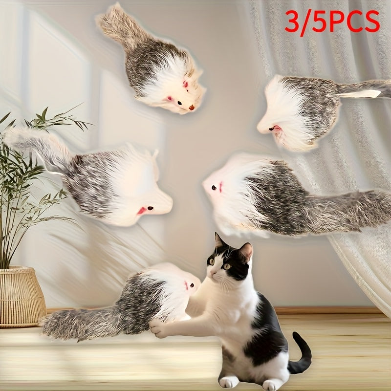 Lot de 3 ou 5 souris en peluche pour chat - Jouets souris réalistes à poils longs avec corps en plastique bicolore, jouets interactifs d'intérieur pour l'exercice des chatons et des chats adultes