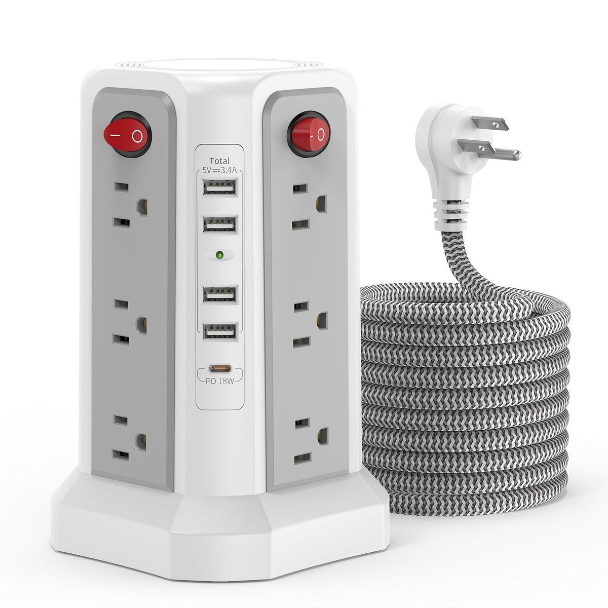 Tour multiprise, 16 prises CA, 5 ports USB, USB-C PD 20W, parafoudre 1500J, prise plate, rallonge de bureau