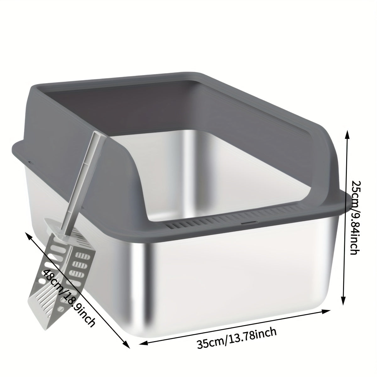 Bac à litière pour chat en acier inoxydable à bords hauts, bac anti-fuites avec pelle et plateau de tamisage, résistant à la rouille, anti-odeurs, anti-adhésif, facile à nettoyer, toilettes pour chats d'intérieur, taille moyenne à grande