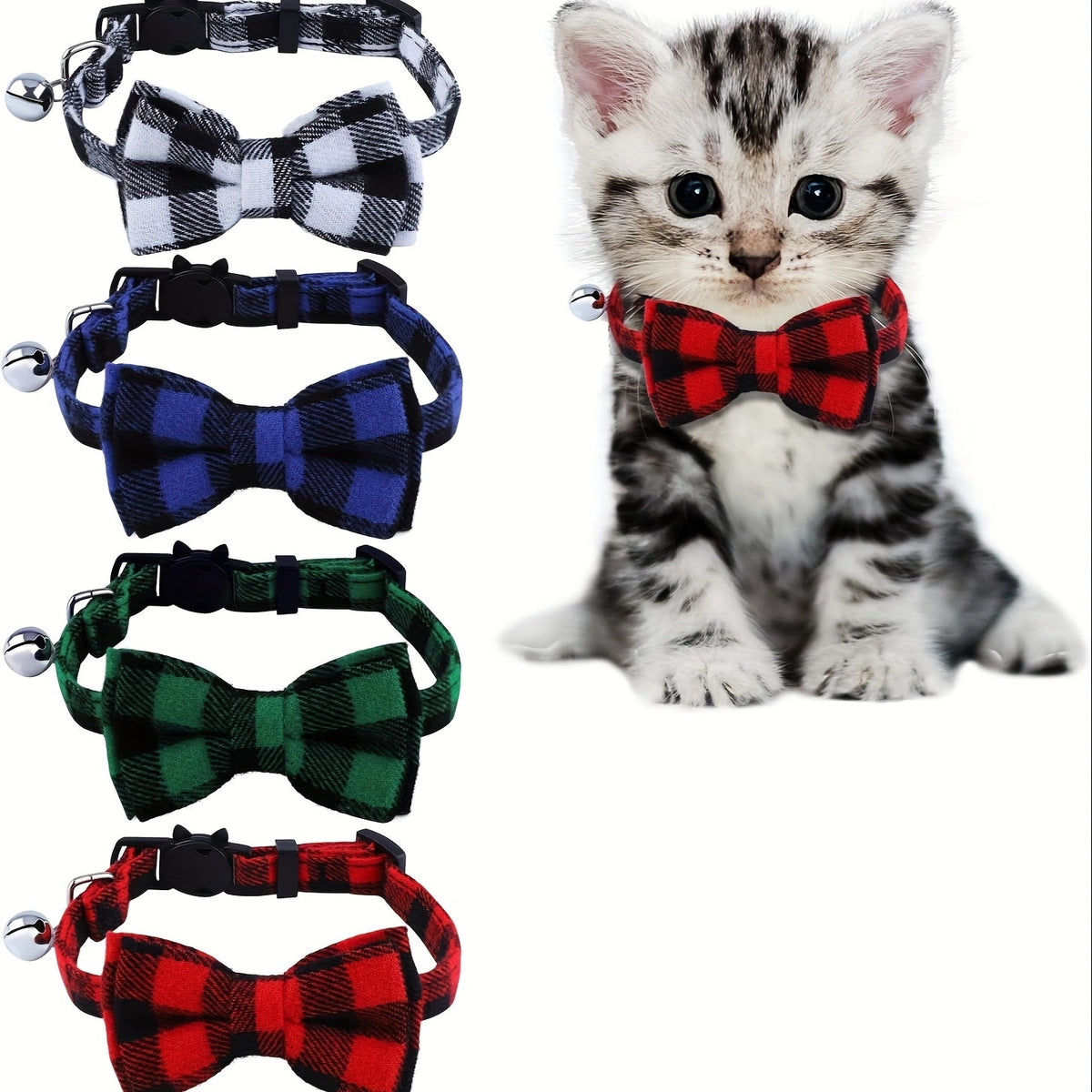 Lot de 4 colliers pour chat avec clochettes - Collier réglable de 19 à 30 cm, motif écossais, boucle de sécurité anti-étranglement avec clochette et nœud pour chatons et petits chiens, tissu confortable, ensemble multicolore