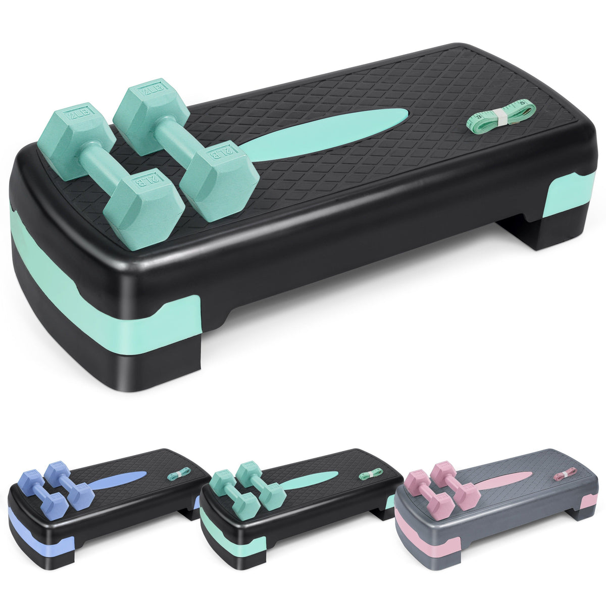 Plateforme de step aérobic avec haltères de 0,9 kg et ruban à mesurer – Stepper d'exercice antidérapant à hauteur réglable, capacité de 250 kg pour entraînement cardio à domicile, rose, vert, bleu