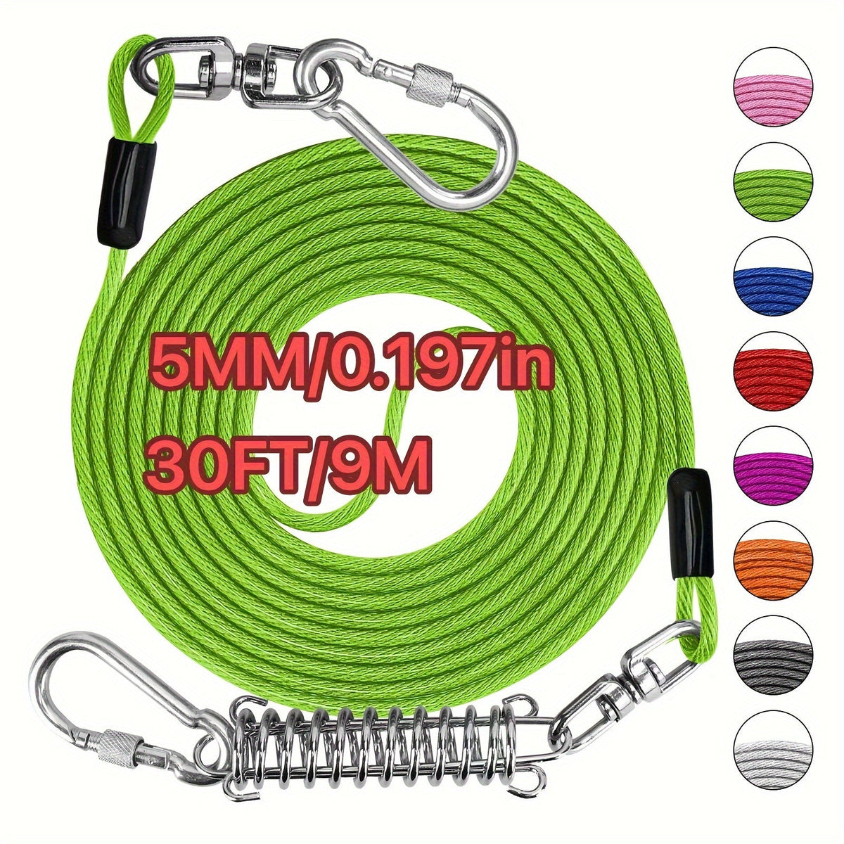 Laisse pour chien ultra-résistante de 1,8, 3, 4,5, 9, 15, 23 ou 30 mètres, câble d'attache d'entraînement pour grands chiens jusqu'à 225 kg, corde de course durable et résistante aux morsures pour le jardin
