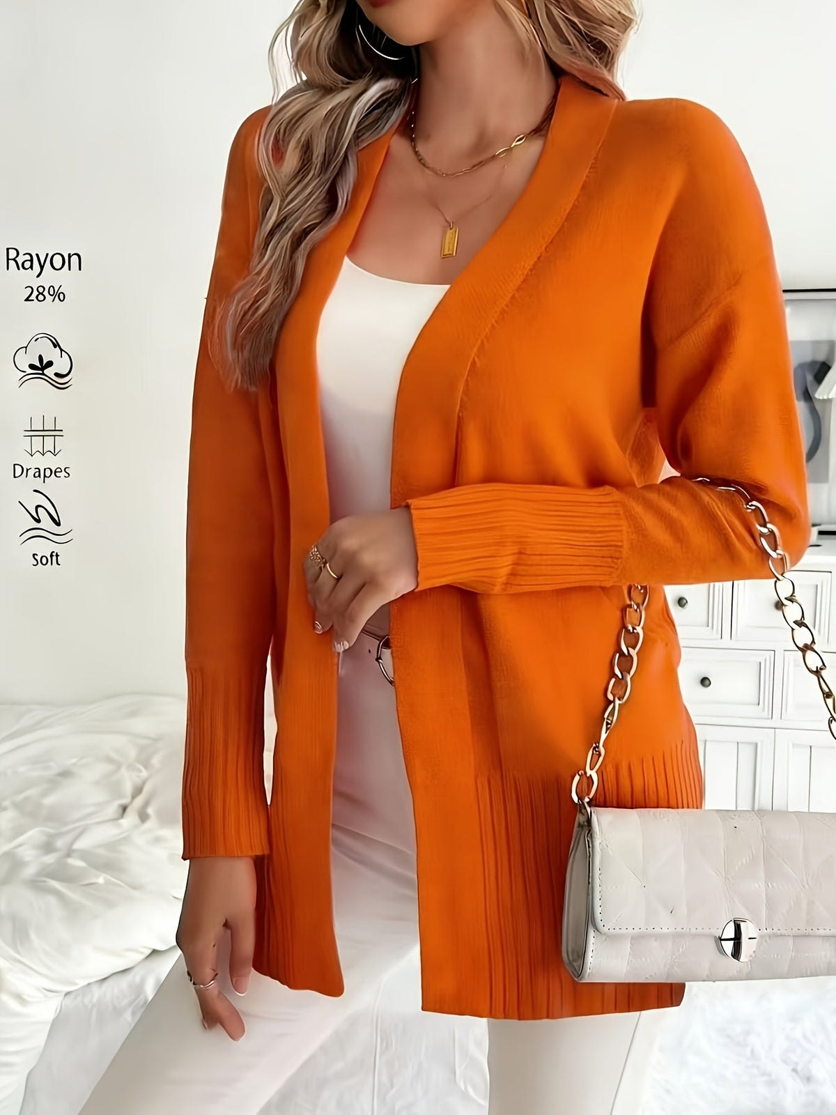 Gilet long femme à col en V et épaules tombantes – Maille douce coupe ample, disponible en 16 coloris pour l'automne et l'hiver, 46 % acrylique, 28 % viscose, 26 % nylon