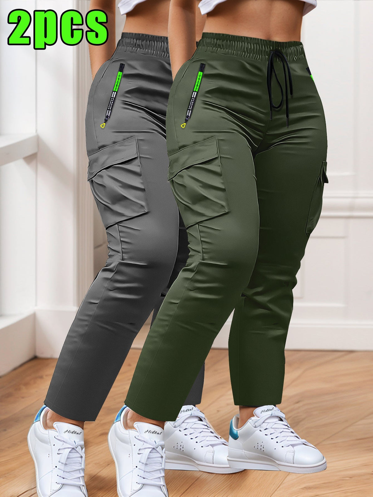 Lot de 2 pantalons cargo pour femme – Coupe ajustée, jambe droite, poches multiples – Taille à cordon, poches zippées, pantalon décontracté pour le travail en extérieur et le quotidien, XS-XXL