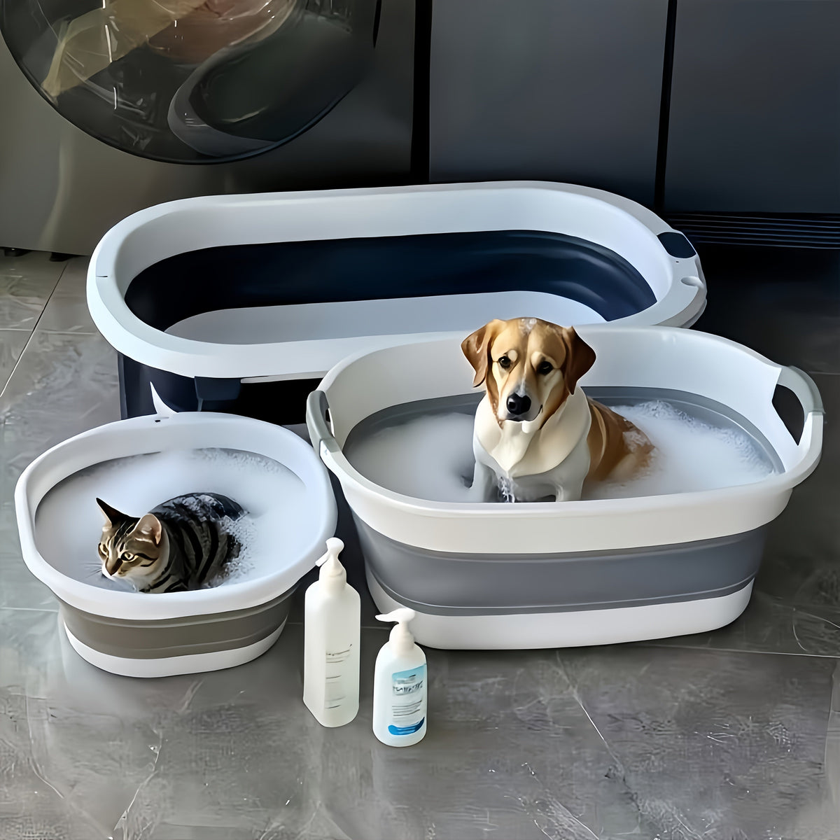 Baignoire pliable pour animaux avec ensemble de brosses de toilettage – Bassine portable et pliable pour chiens et chats, idéale pour les petits animaux, les voyages et le camping, bac de lavage polyvalent pour la maison et l'extérieur
