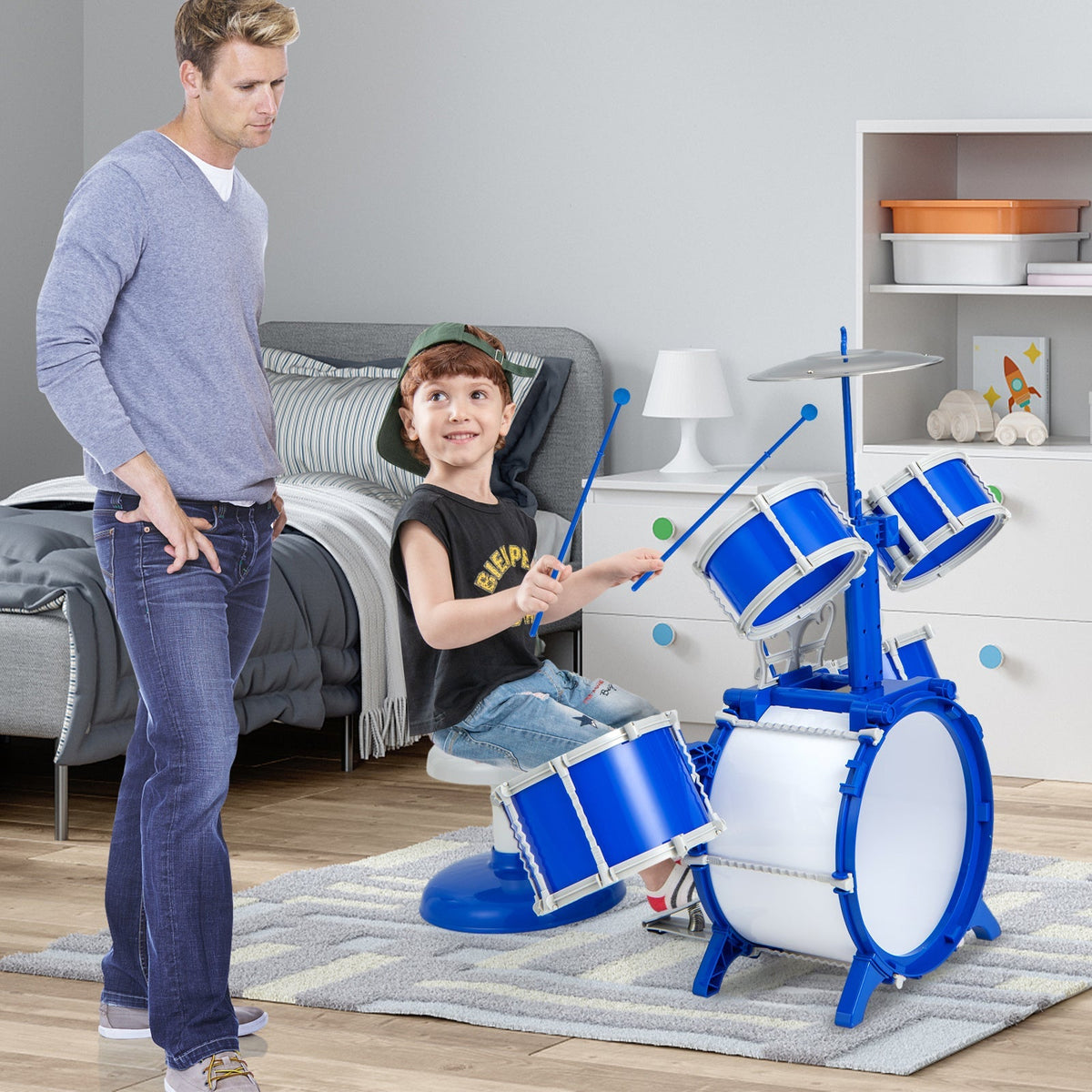 Batterie pour tout-petits et enfants - Kit de jazz complet avec grosse caisse, 2 toms, 2 caisses claires, cymbale, pédale à ressort, baguettes, pupitre et tabouret | Cadeau de percussion pour débutants, garçons et filles