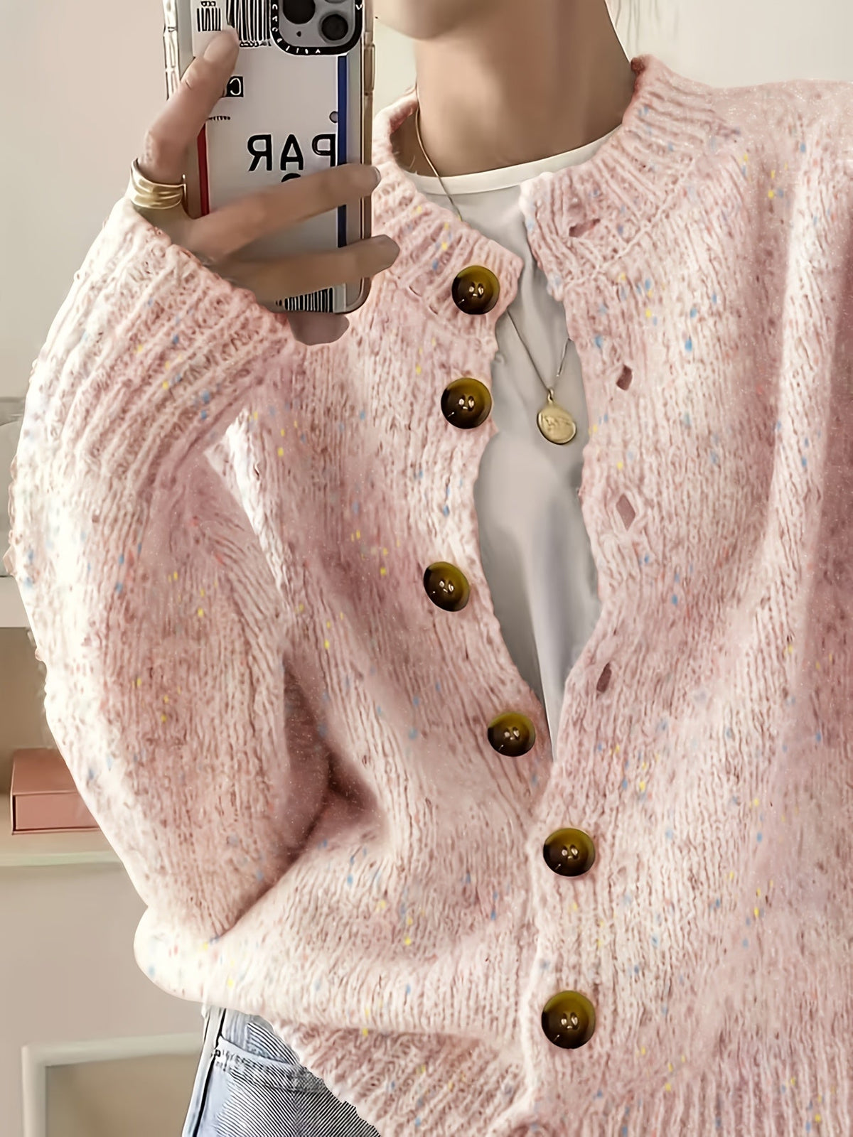 Cardigan décontracté pour femme à boutons, manches longues, col rond, maille colorée | Haut élégant et léger en tissu extensible à motif pois bonbon, tailles S M L XL