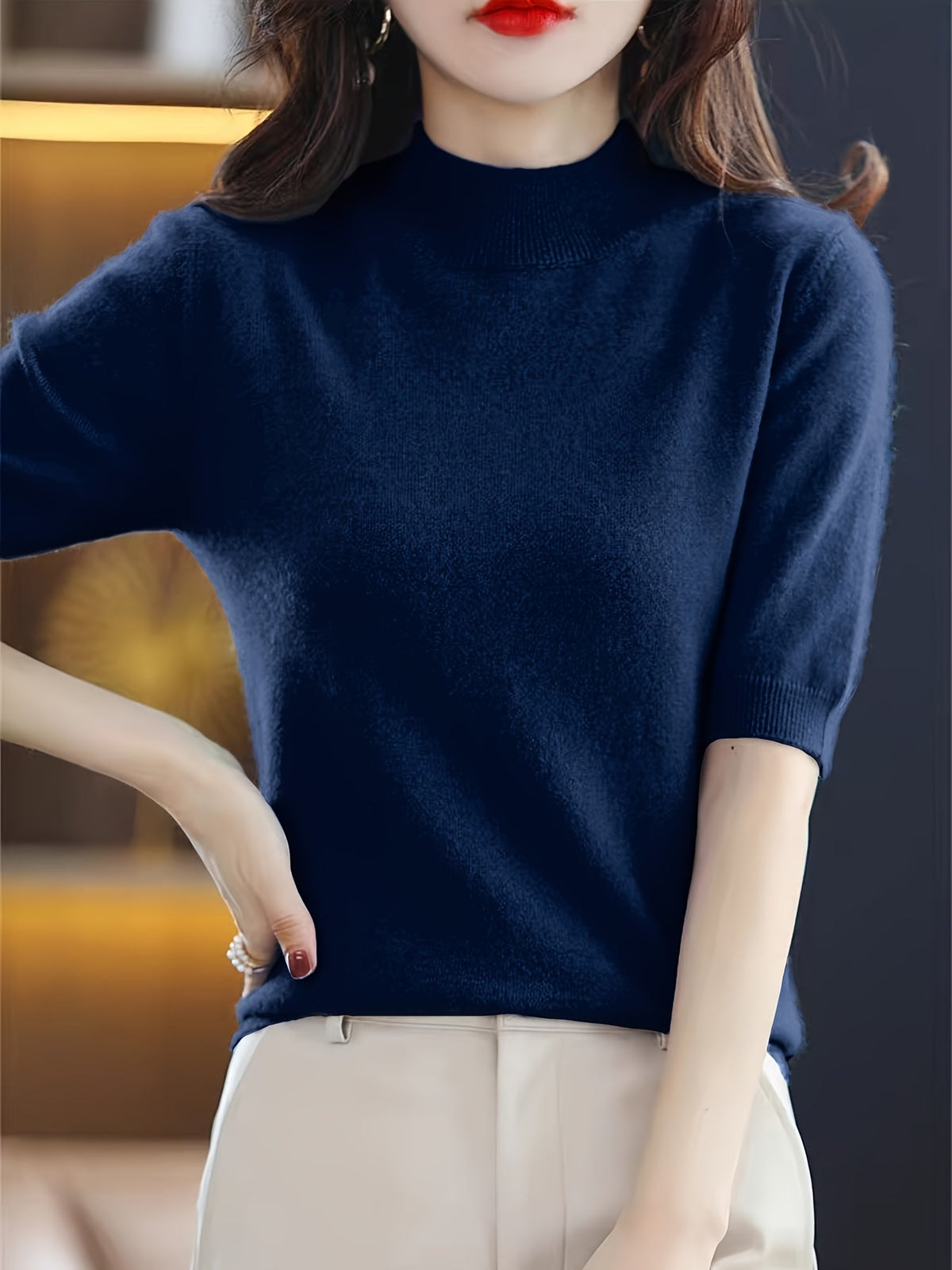 Women's Crew Neck Pullover Sweater Elegant Solid Color Short Knit Top Rib-Trim Stretchy Half-Neck Base Layer Shirt for Women