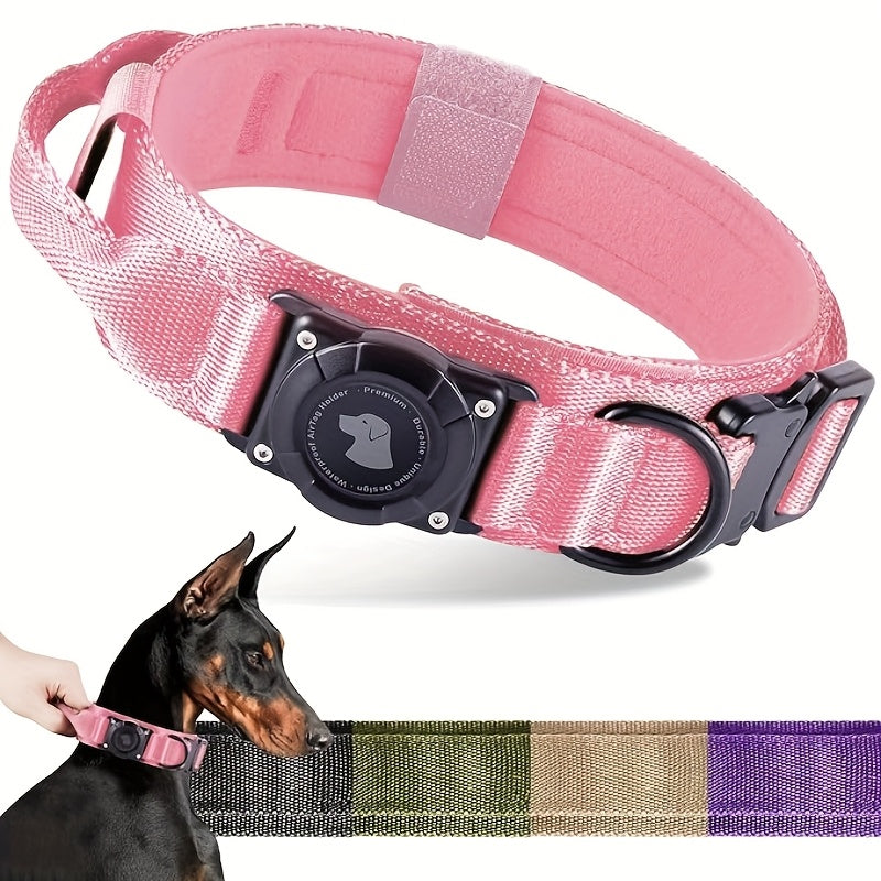 Collier tactique pour chien avec support AirTag et poignée – Nylon PC robuste, réglable M/L/XL pour chiens moyens et grands, collier de dressage de style militaire avec poignée de contrôle