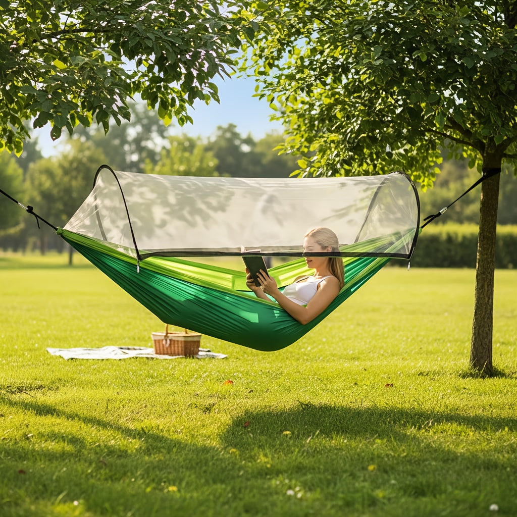 Hamac de camping double 3-en-1 avec moustiquaire et pare-soleil – Léger, portable et durable, idéal pour le camping, la randonnée, le trekking et les pique-niques dans les parcs, 7 coloris au choix
