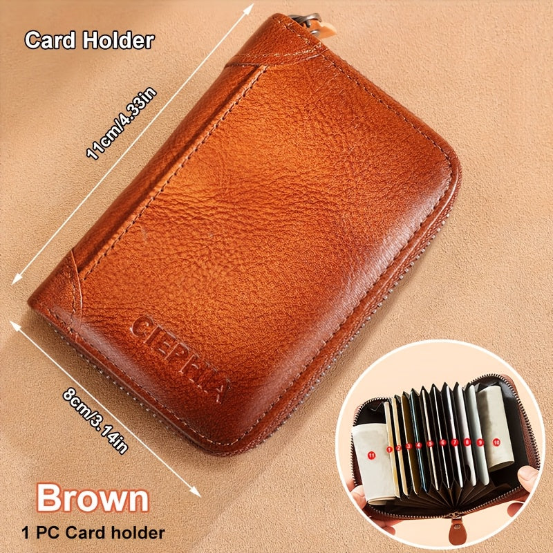 Portefeuille pour homme en cuir véritable avec protection RFID, trois volets, cuir de vachette vintage, porte-cartes de crédit, 2 fenêtres pour carte d'identité, pince à billets, emplacements pour espèces, cadeau de fête des pères pour papa ou mari