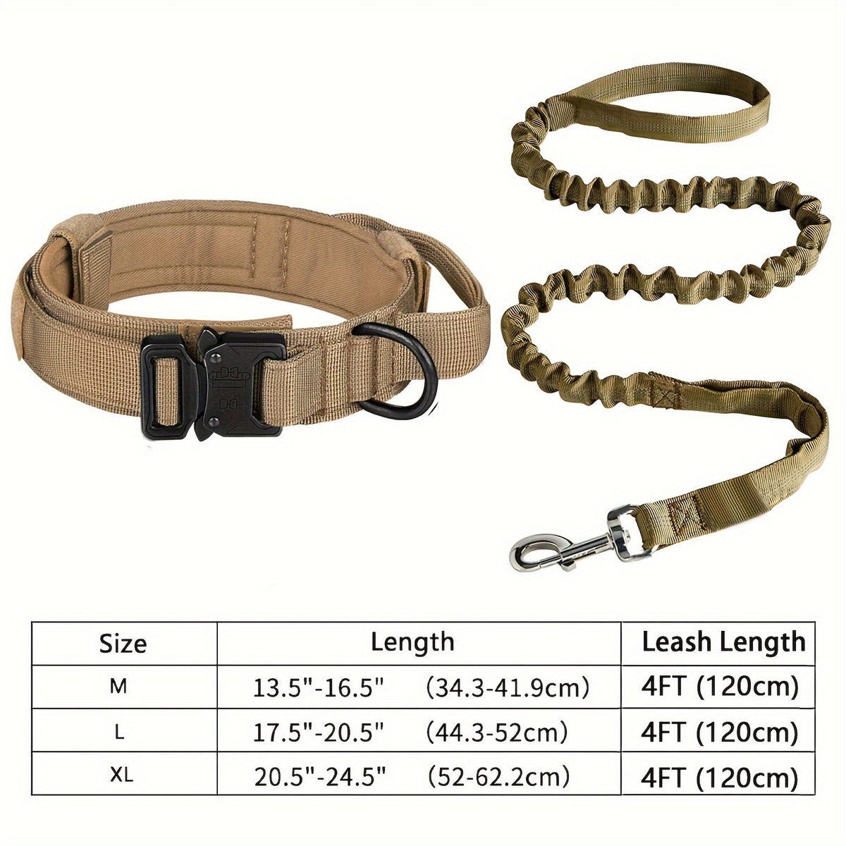 Ensemble collier et laisse tactiques pour chien – Polyester robuste et réglable avec boucle et anneau en D en métal pour toutes les tailles de chiens, collier et laisse d'entraînement de style militaire en noir et kaki, tailles M et L