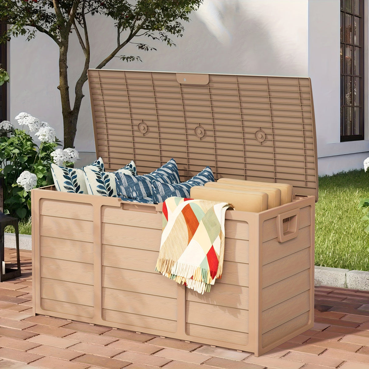 Coffre de rangement extérieur en résine de 284 litres avec poignées pour accessoires de piscine, outils de jardin et équipement de camping