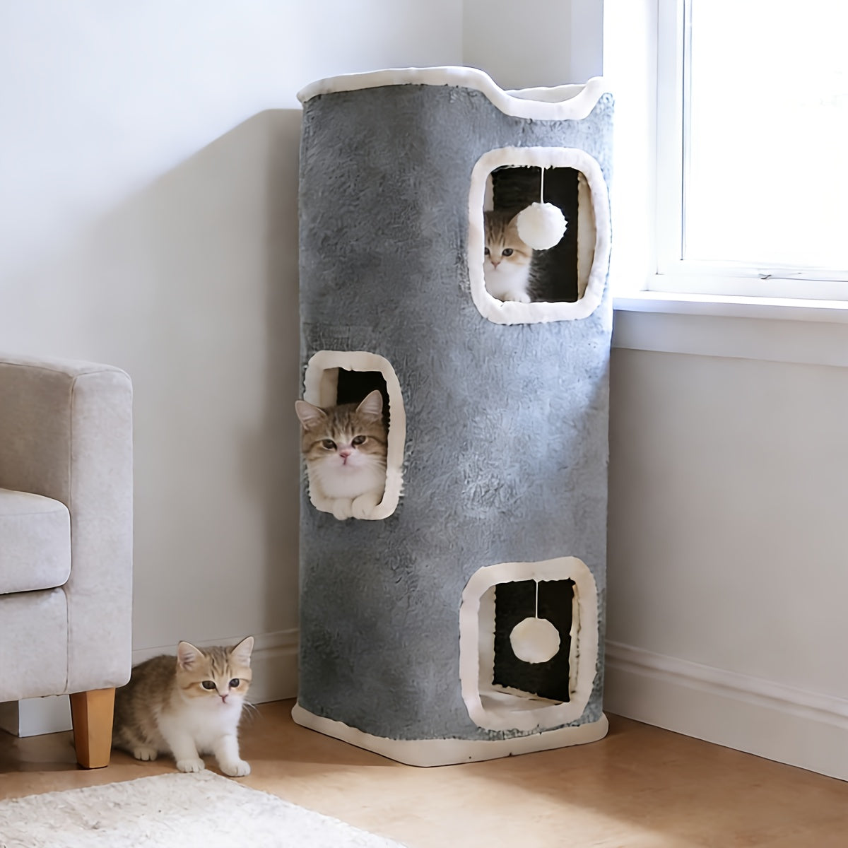 Arbre à chat pliable à plusieurs niveaux pour chats d'intérieur - Maison pour chat résistante aux griffures avec couchage douillet, cachette et balles à grelots, meuble pour chat de 1 à 3 étages pour grimper, jouer et se reposer