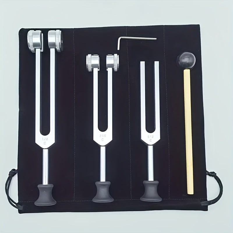 Ensemble de diapasons pour la guérison des chakras 128Hz 256Hz 512Hz - Diapasons de thérapie sonore en alliage d'aluminium pour la méditation, la guérison énergétique et la relaxation, inclut maillet, clé et pochette en velours