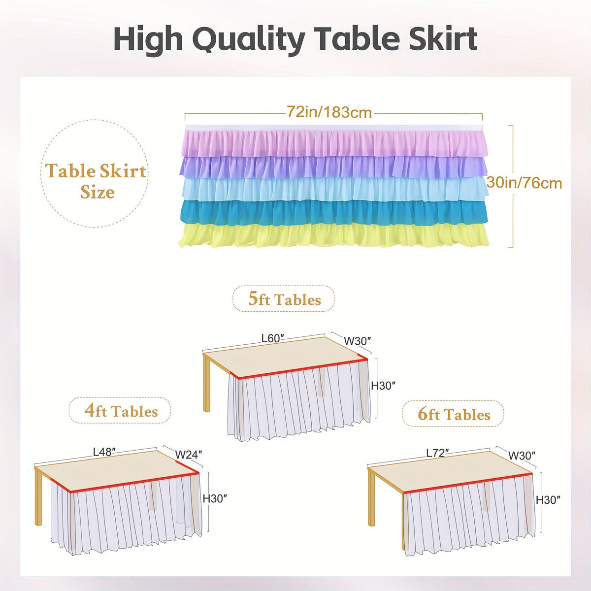 6ft Tulle Tutu Table Skirt β Chiffon Ruffle Table Skirting for Birthday Party, Wedding, Bridal Shower, Girls Party & Holiday Decor β Easy Hook & Loop Install, 12 Colors (72"L x 30"H)