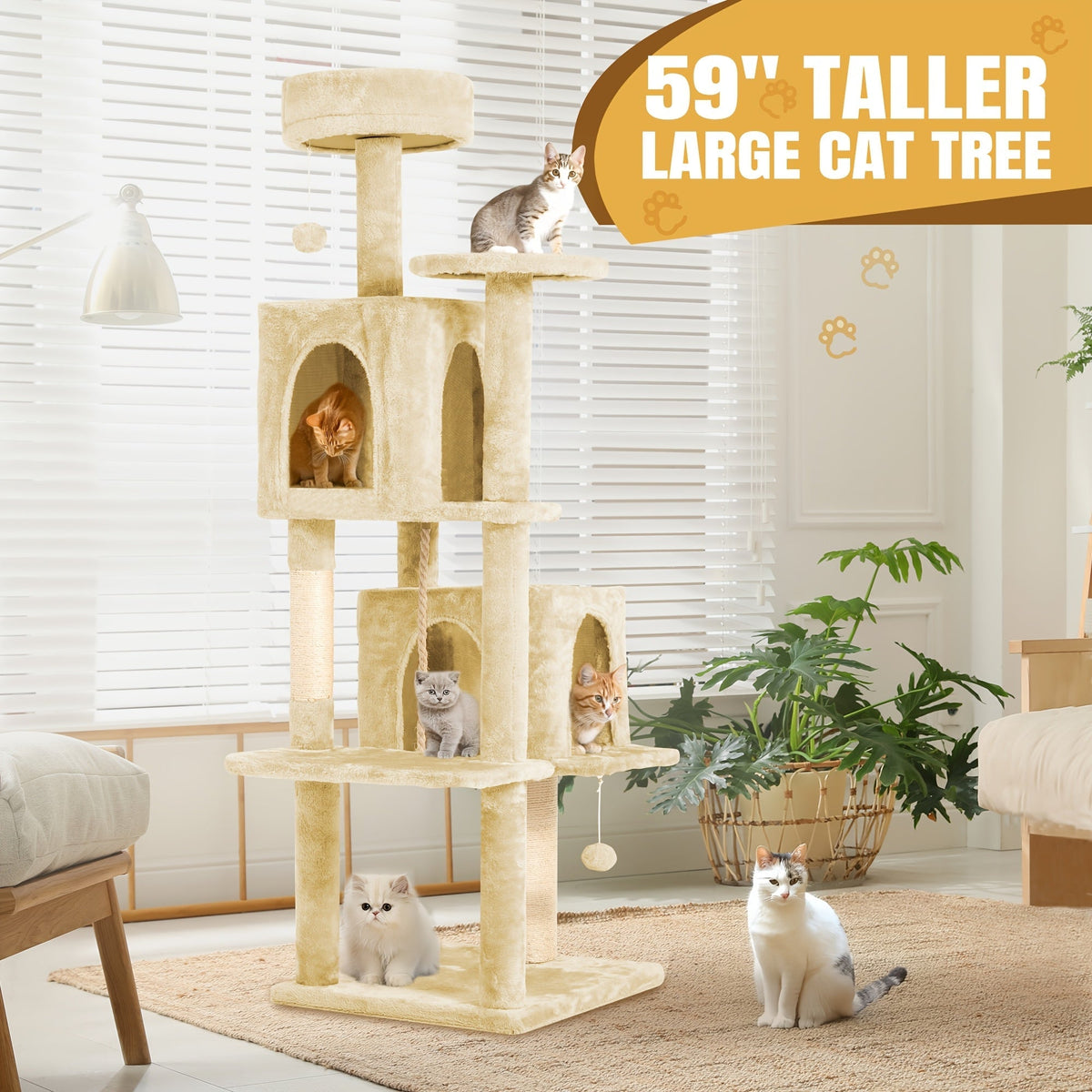 Arbre à chat multi-niveaux de 150 cm pour chats d'intérieur – Grand arbre à chat avec zone de repos en peluche, poteau à griffer en sisal et jouet à balle suspendue – Idéal pour chambre, salon et foyers multi-chats – Velora